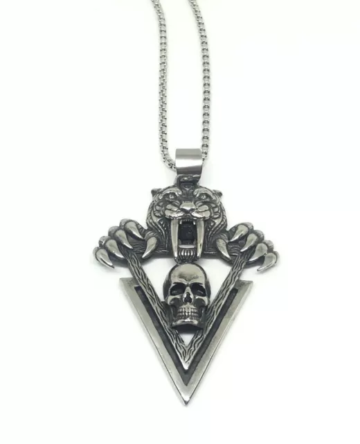 Collier chaine et pendentif TETE DE MORT SKULL ET TETE DE TIGRE Biker Chopper