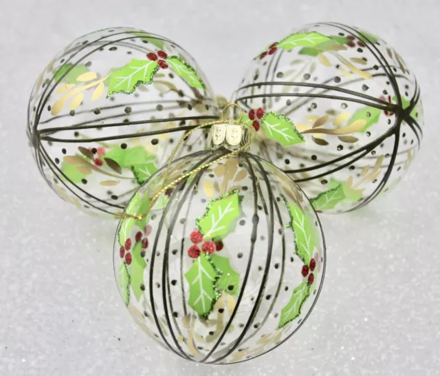 Boule De Noël En Verre Clair Gisela Graham Rayures Or Houx Boule X 3