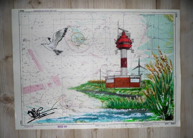 Maritime Grafik-Seekarte Leuchtturm Wybelsum auf Seekarte Deutsche Bucht