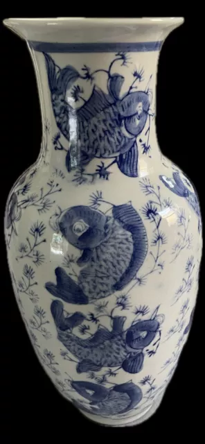 Vtg Chinese Blue & White Koi Fish porcelain vase 11.75”