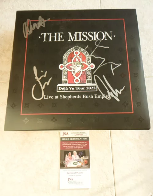 THE MISSION U.K. Vinilo rojo firmado por banda JSA certificado de autenticidad en vivo en Shepherds Bush
