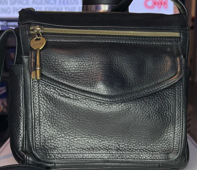 Fossil Black Pebbled Leather Bag Organizer Womens Shoulder Bag Travel Bag