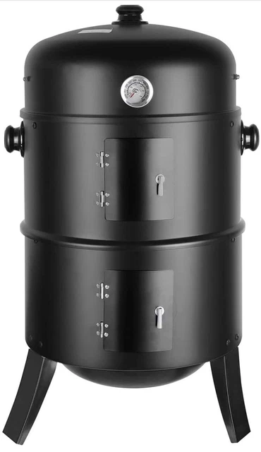 Fumoir 3 En 1 Barbecue Charbon 40cm - Avec Couvercle, Thermomètre & 3 Étages - Barbecue Jardin Multifonction