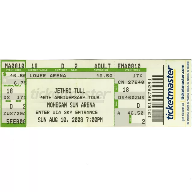 JETHRO TULL Concert Ticket Stub UNCASVILLE CT 8/10/08 MOHEGAN SUN ARENA Rare