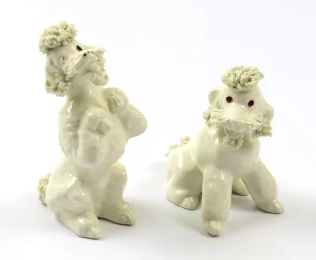 Lot of 2 Vintage Ceramic White Spaghetti Poodles, 1 Sitting Up & 1 Sitting Down