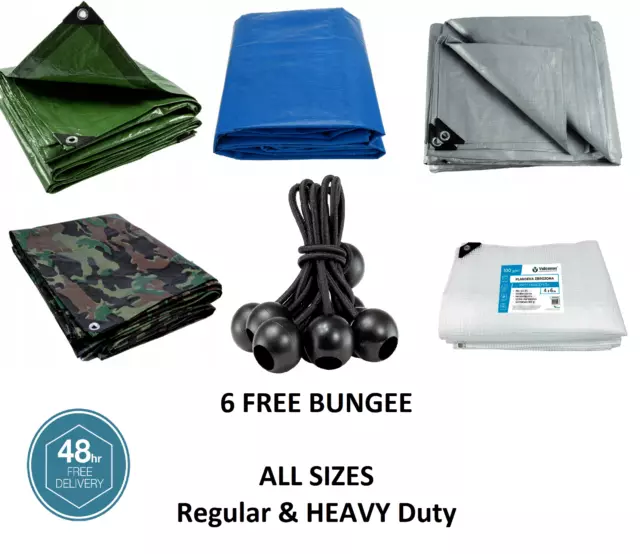 Tarpaulin Heavy Duty Waterproof Cover Tarp Ground Sheet All Sizes FREE BUNGEE x6