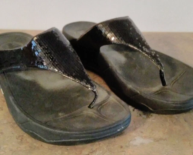 FITFLOP Electra Womens Sparkly Sequin Thong Sandals Size 9 Black $130