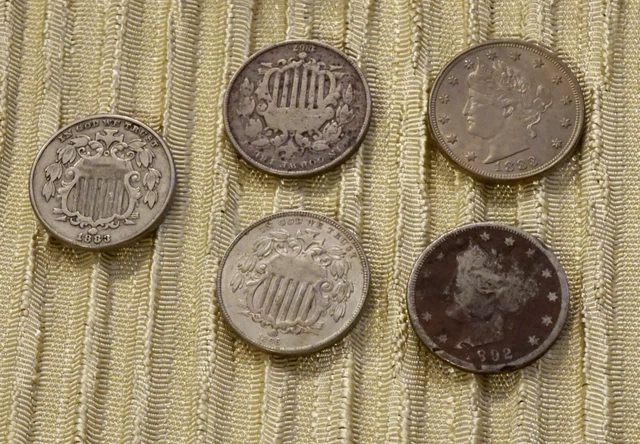 4 US Shield  & 1- Liberty,  1883, 1867 wo/Rays, 1892, 1866, 1883 V       #33