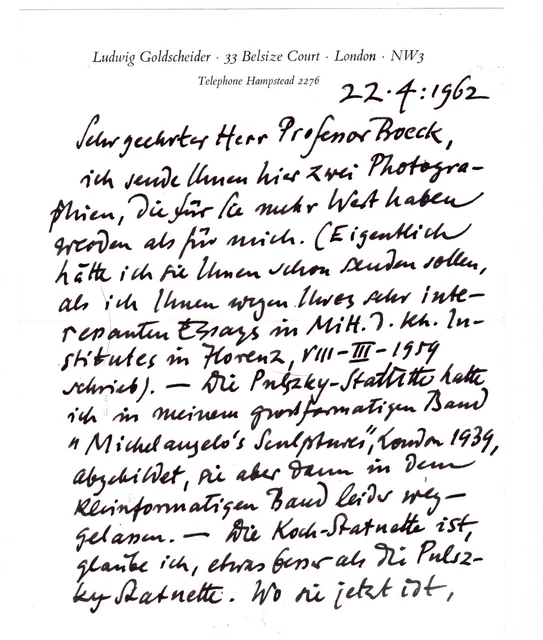 Ludwig Goldscheider Autograph Kunsthistoriker und Verleger an Prof. Boeck 1962