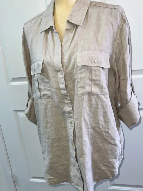 TOMMY BAHAMA 100% Linen Top Shirt Womens Large Khaki Button Up Blouse Collar