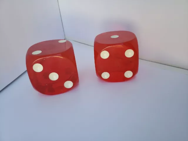 Large Vintage 2 Red Clear Lucite Dice Rounded Corners White (#14)