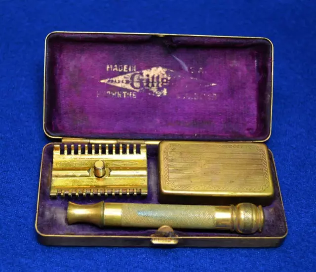 VTG 1930s? GILLETTE Gold ball end 3pc Safety Razor w 1920S box, blades case RARE