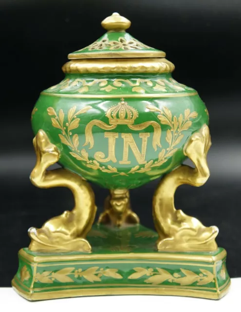 French Sevres Green Porcelain Incense Burner Napoleon & Josephine Royal Crest