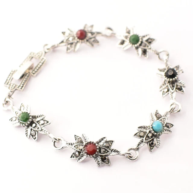Multi Cut-Stone Gemstone Silver Plated Marcasite Jewelry Bracelet 7-8" PA 1334