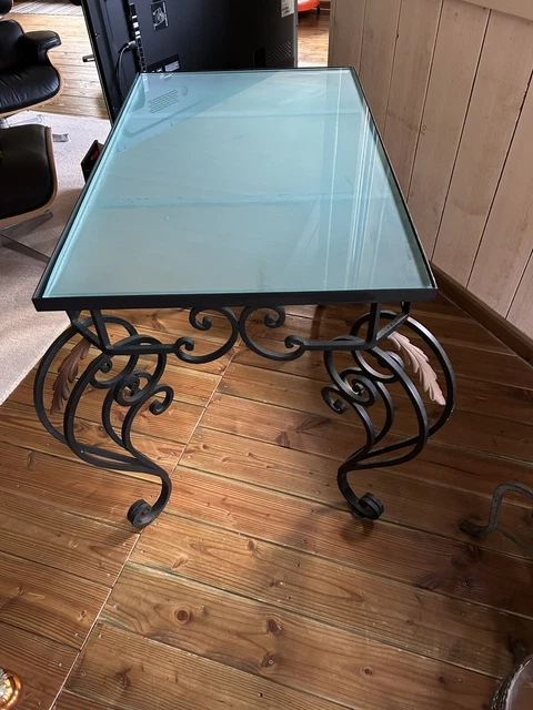 Console Demi-Lune Fer Forgé Marron Avec Plateau Verre - 90x45x75 Cm, Intérieur/Extérieur