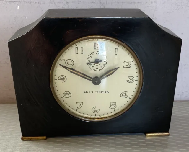 Seth Thomas Art Deco Black Bakelite Wind Up Alarm Desk Clock TESTED WORKS 4.5"