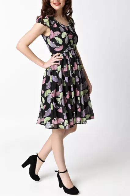 Robe de thé imprimée ventilateur Lindy Bop Francy geisha Royaume-Uni 8 neuve avec étiquettes