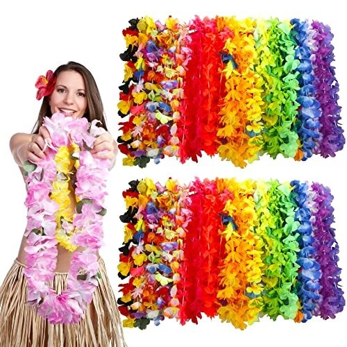 100 Pieces Hawaiian Luau Leis Bulk,Tropical Flower Necklace for Hawaii Party n