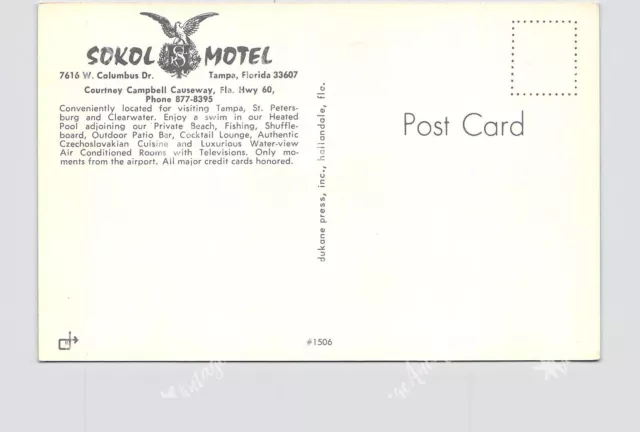 PPC Postcard FL Florida Tampa Sokol Motel Advertising Heated Pool 2