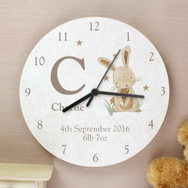 Personalised Wooden Wall Clock HESSIAN RABBIT Nursery Kids Baby Boy Girl Gift