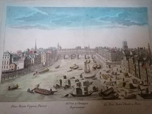 Gravure XVIIIe - Vue d'optique Le Pont Notre Dame à Paris -
