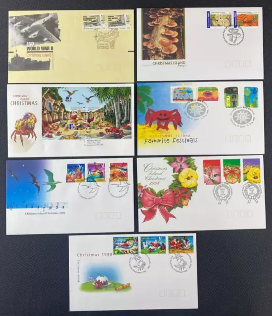 Selection Of 7 x Christmas Island FDC First Day Covers Fungi, End Of WWII, Xmas