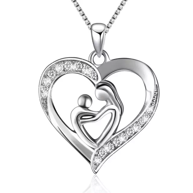 925 Sterling Silver Mother and Child Love Heart Pendant Necklace Mom Daughter...