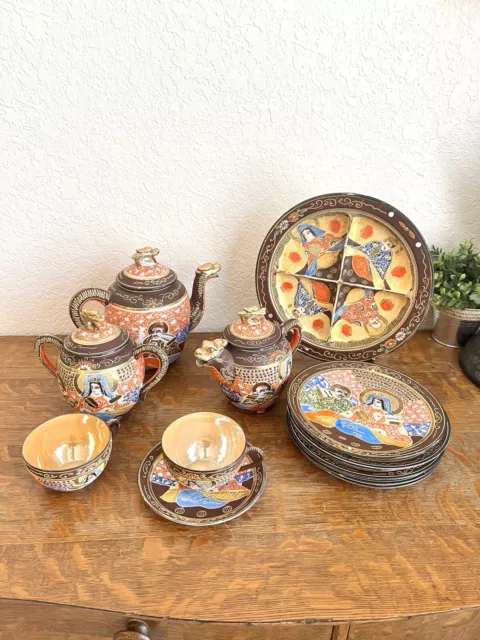 Vintage 16 Piece Retro Japanese Porcelain Ceramic Satsuma Moriage Dragon Tea Set