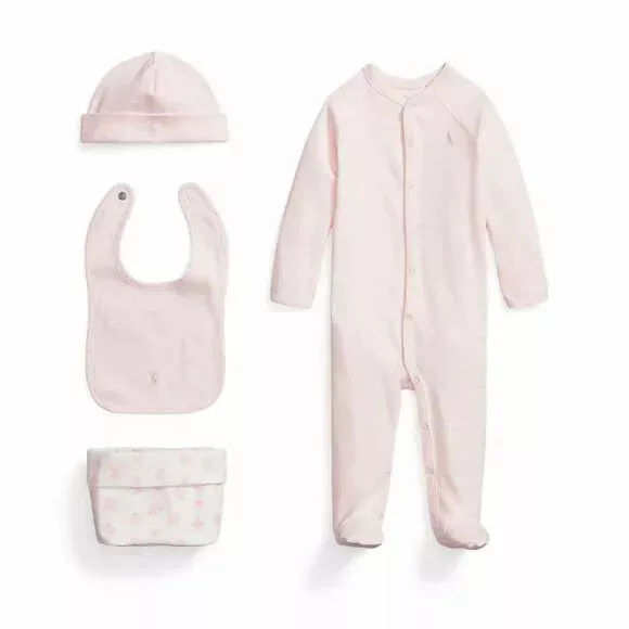 NWT $75 POLO RALPH LAUREN Baby GIRLS 9 MOS coverall bib hat bag Gift, 4 PC Set n