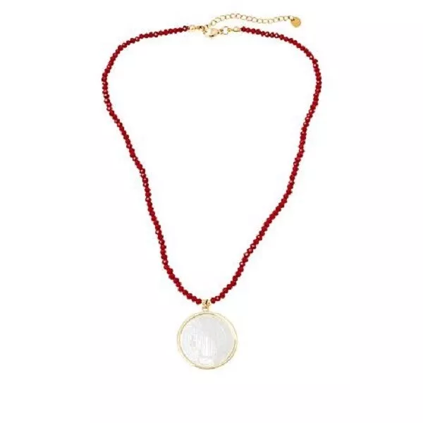 HSN JK NY St. Benedict and Cross Reversible Red Color Beaded Drop Necklace