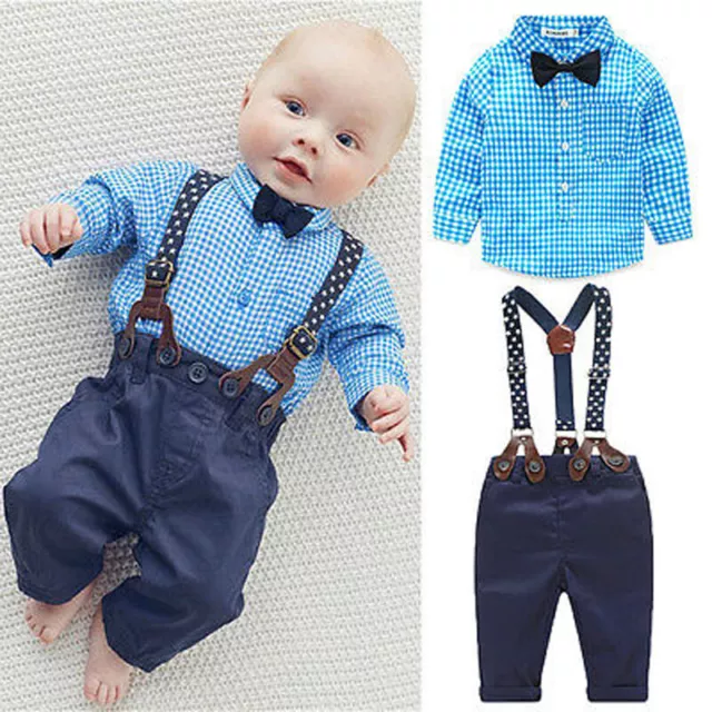 Baby Boy Plaid Shirt Romper Suit Wedding Formal Party Smart Outfit Trousers