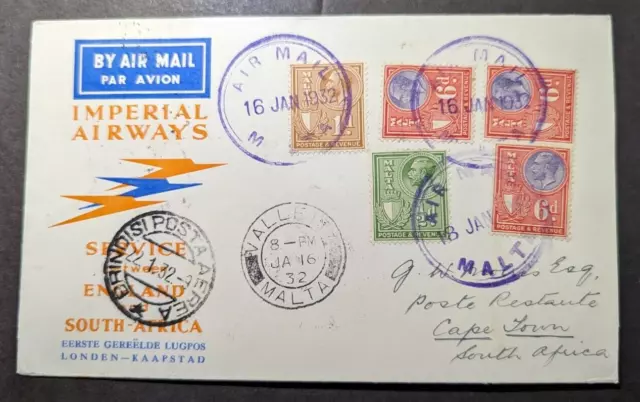 1932 Malta Airmail First Flight Cover FFC to Cape Town South Africa