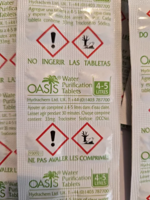 100 OASIS WATER PURIFICATION TABLETS 33mg/100 Tablets - treats 500 Litres