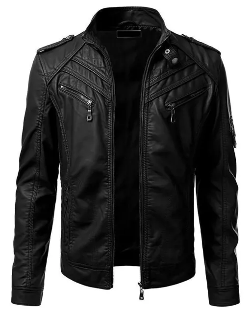 Men Genuine Real Leather Jacket Slim Fit Vintage Biker Jacket Black Retro New