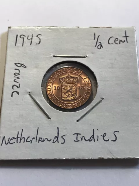 Netherlands Indies 1/2 Cent Coin 1945 Unc Copper Rare Nr