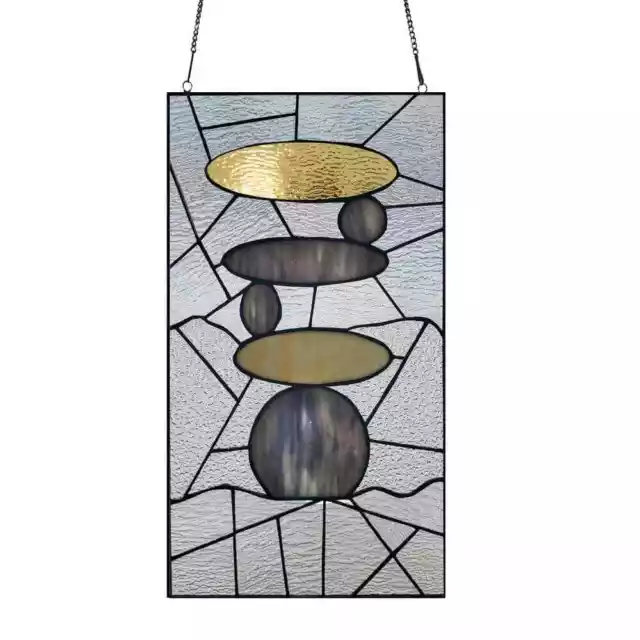 Stained Glass Window Panel Grey Zen Stone Art Sun Catcher Handcrafted Hanging