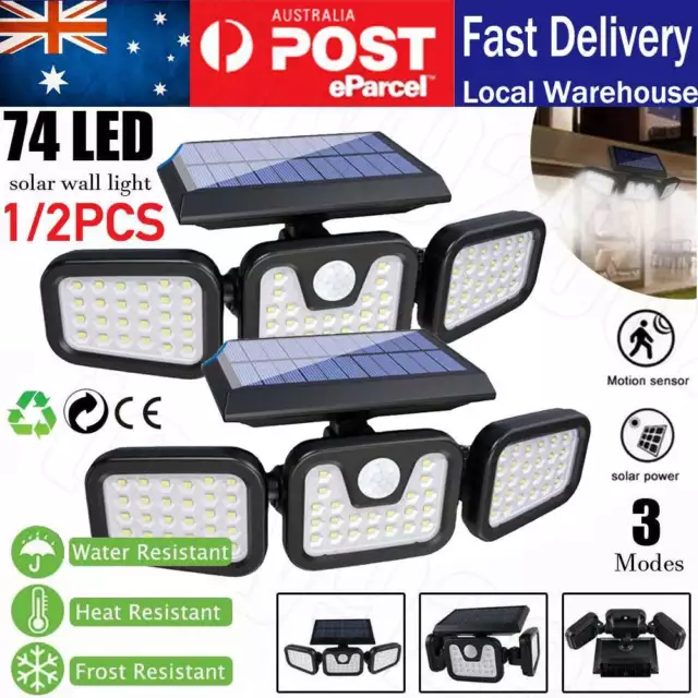 74 LED 3 Head Solar Motion Sensor Light Outdoor Garden Wall Security Flood Lamp