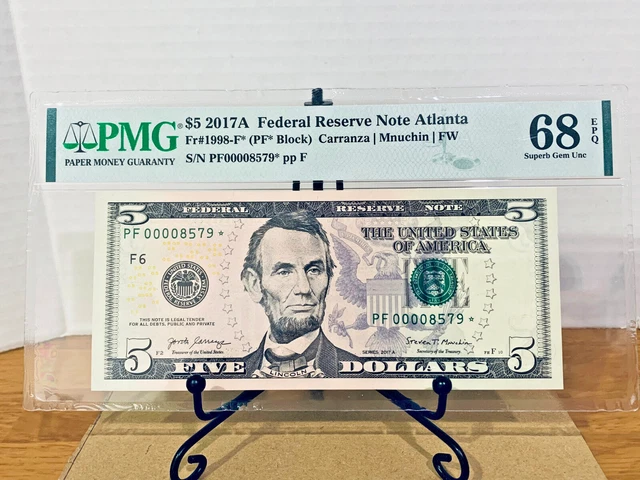 2017-A $5 Federal Reserve Note PMG 68EPQ LOW 4 DIGIT *Star* Serial #PF00008579*