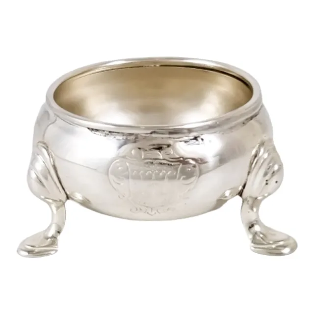 George II sterling silver large tripod cauldron salt, armorial family crest 1735