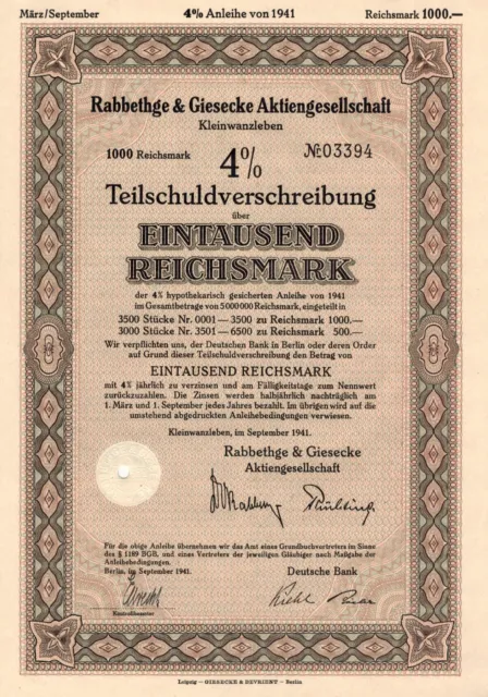 Rabbethge & Giesecke AG - Kleinwanzleben - Schuldverschreibung - 1941 - 1.000 RM