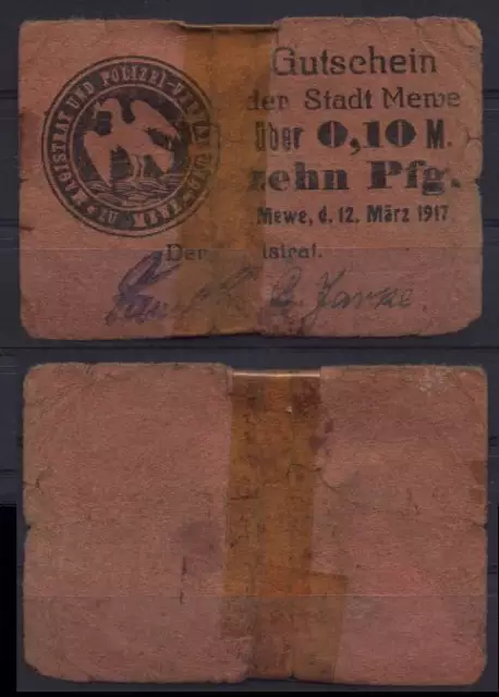 [11727] - NOTGELD MEWE (heute: Gniew), Stadt, 0,10 Mk, 12.03.1917. Tieste 4530.0