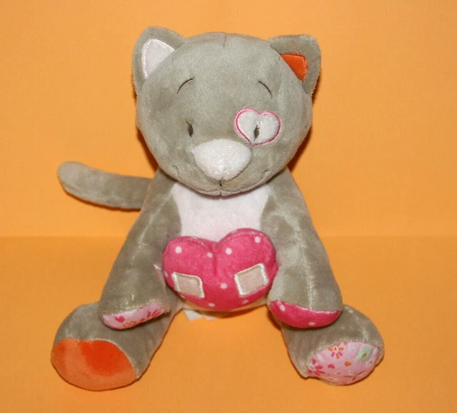 Noukies Doudou Peluche Chat Musical Assis Iris Gris Rose Coeur Rose Etat Neuf