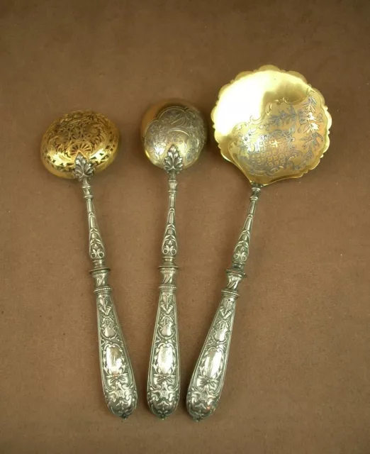 Bel Ensemble De 3 Couverts De Service En Argent Et Metal Doré Art Nouveau