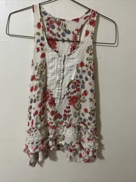 Free People Swingy Floral Asymmetrical Tunic W/Ruffle & Lace Hem Size Sm Boho