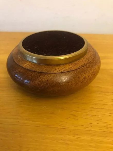 Vintage Wooden, Trine Circular Trinket Box with round Brown/Gold Velvet top lid.