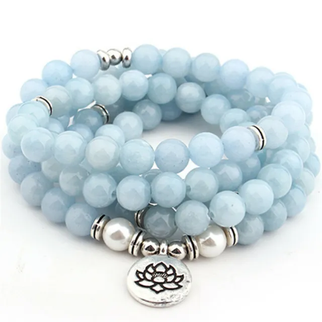 8mm 108 beads Mala Aquamarine bracelet lotus Buddha pendant Yoga Meditation