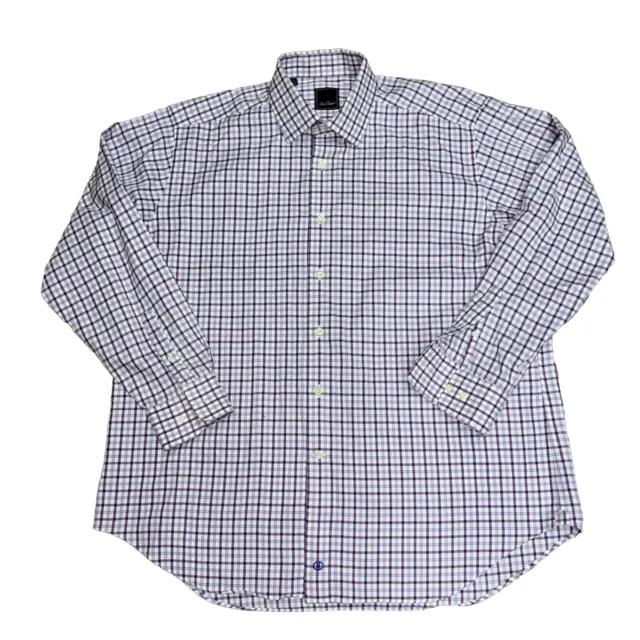 David Donahue Dress Shirt Men’s  17.5  34/35 Purple Plaid Button Up Long Sleeve