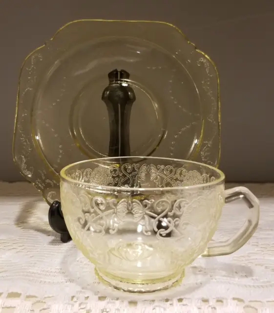 Vintage Depression Glass Hazel Atlas Florentine Yellow Cup and Madrid Saucer.