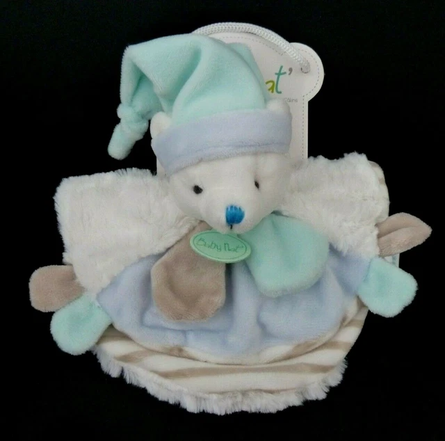 B8. DOUDOU PLAT BABY NAT OURS ourson LAYETTE BLEU VERT BLANC RAYE BEIGE NEUF