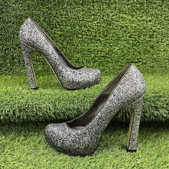 DUNE SILVER GLITTER HIGH HEELS PLATFORM STILETTOS POINTED TOE Y2K Size